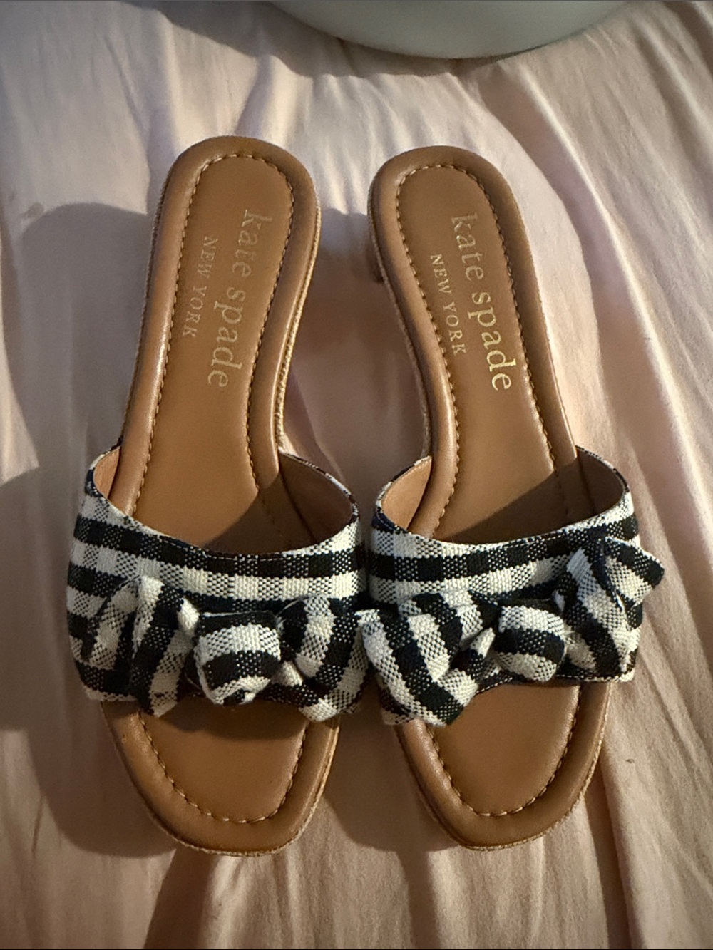 kate spade Black & White Gingham Knot Slide Mules
